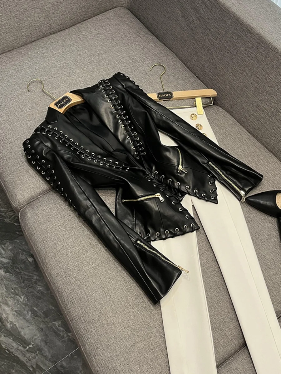 

Fashionable Heavy Duty Rope Tied Slim Fit Leather Jacket Suit Jacket A20655 New Arrival Celebrity Style Commute Wind