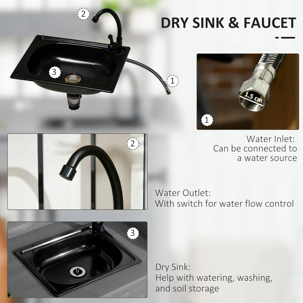 Stół do doniczek ze zlewem, stół do pracowania na zewnątrz ze szafką do przechowywania, haczykami, wyjmowanym zlewem, kranem i szufladą