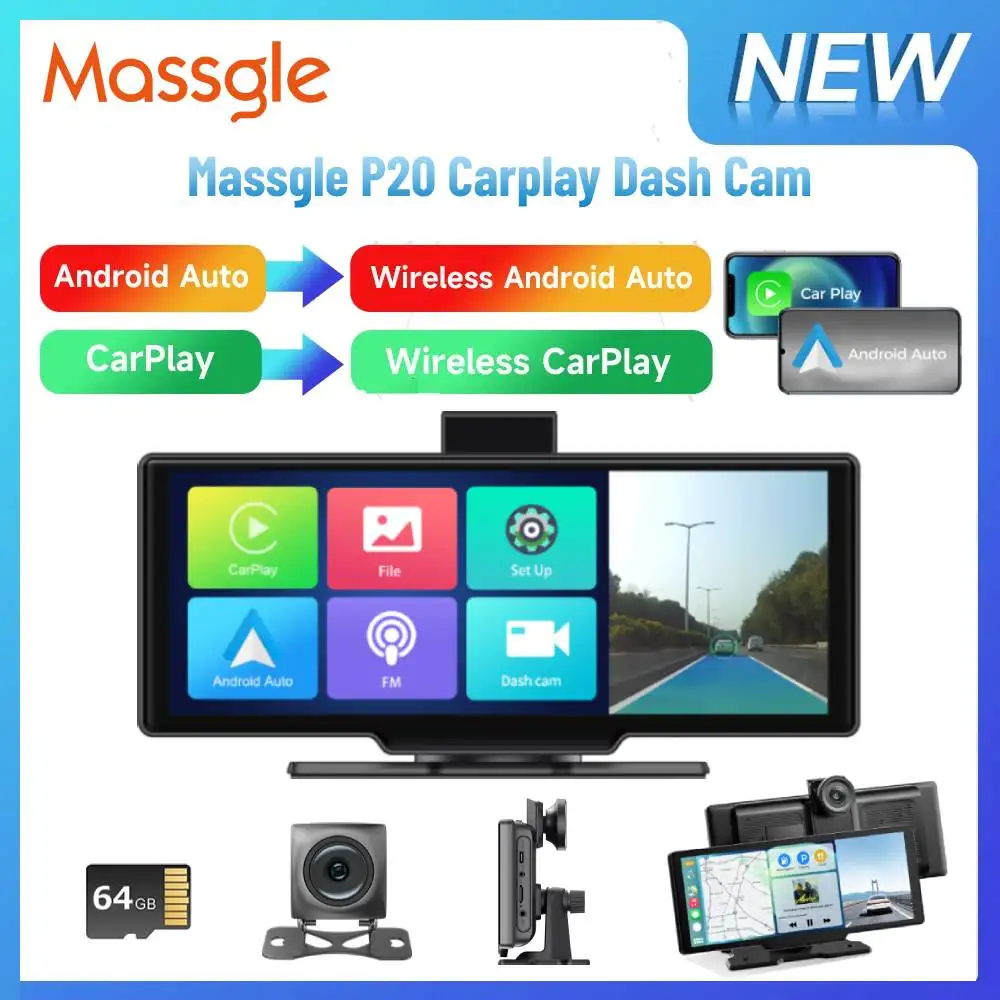 Massgle P20 Android Auto Carplay Dash Cam 4K Built-in ADAS Bluetooth Wifi Screen Mirroring Car DVR Dual-Channel Route Tracking