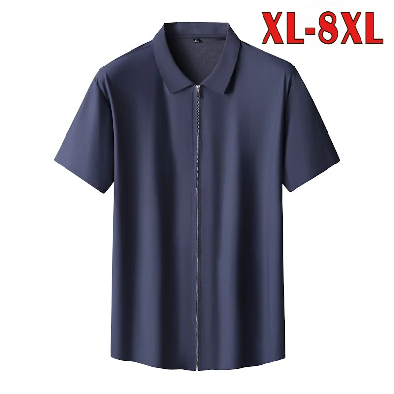 

Minglu High Elasticity Summer Men's Shirts Luxury Short Sleeve Zipper Solid Color Business Seamless Male Shirts Plus Size 8XL