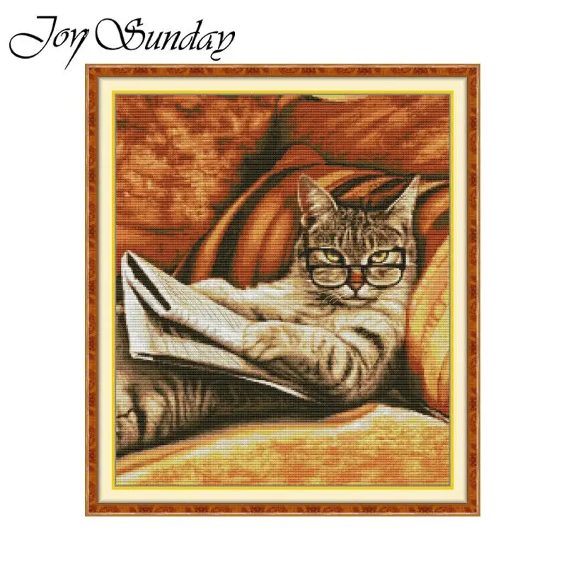 Cross Stitch Kit Joy Sunday Cat Reading Newspaper Pattern Printed Counted Canvas DIY Embroidery Kit Aida Cloth 16CT 14CT 11CT