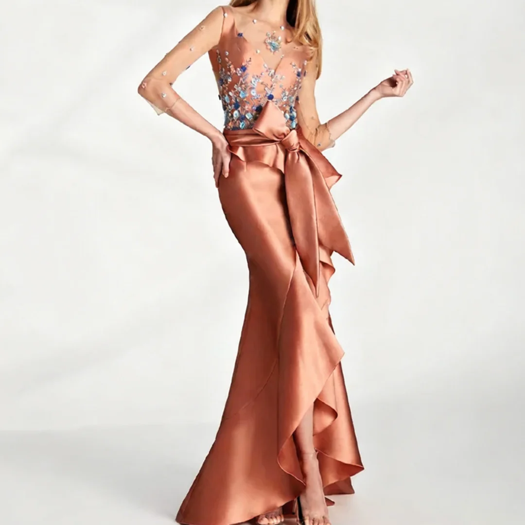 فساتين أم العروس حورية البحر الكلاسيكية فساتين حفلات الزفاف بفتحة أمامية 3/4 أكمام فساتين الأم حسب الطلب #1