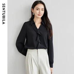 SENTUBILA French Style Women Blouse Spring 2026 New Straight Chiffon Solid Ruffles V Neck Elegant Female Shirts 151V57659