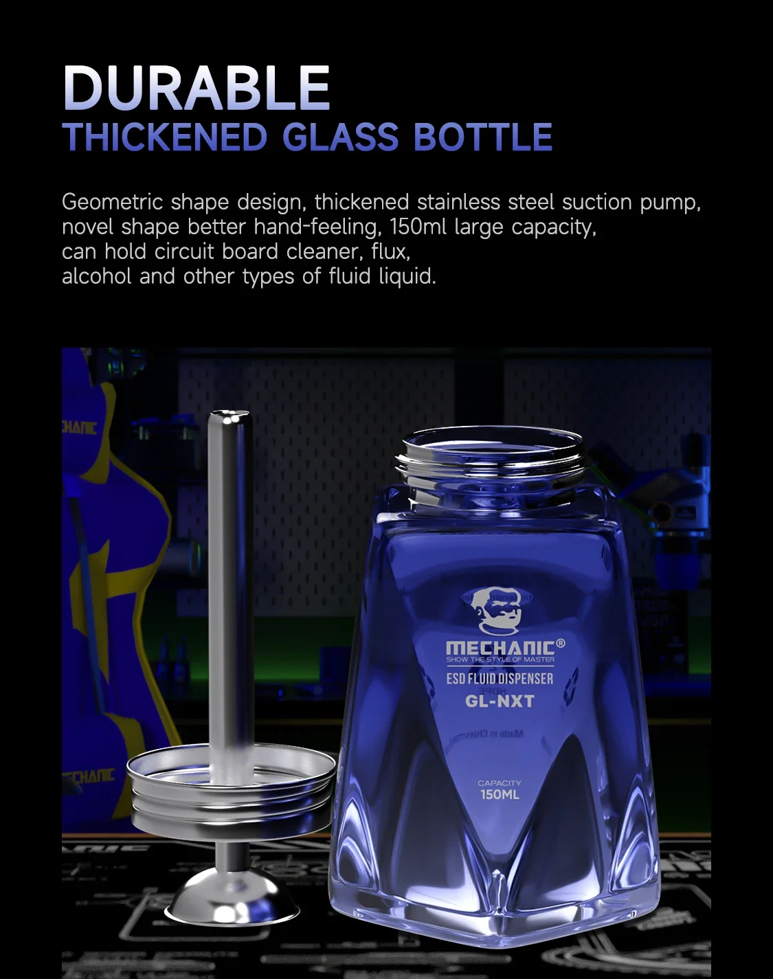 150ml Press-Type Glass Solvent Bottle Copper/Stainless Pump Anti-Clog Anti-Splash Alcohol Container for Electronic Repair Tools