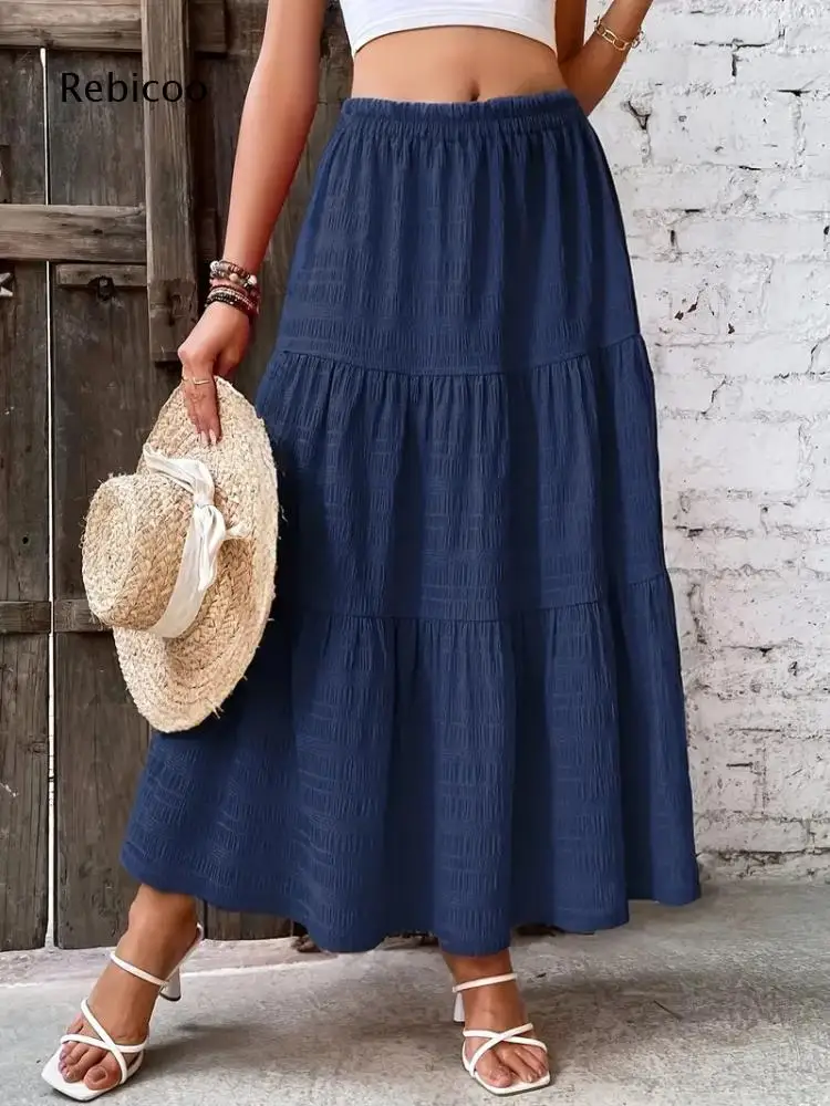 Multi Tier A Line Midi Skirt For Women Elastic Waist Textured Fabric For City Stroll Scenarios And Soft Casual Wear Scenarios