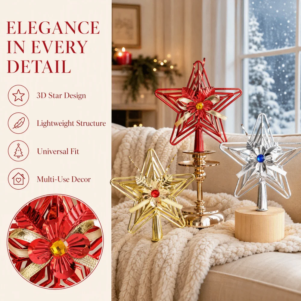 Plastic Star Topper Electroplated Bright Surface Xmas Star Shiny Look 3D Design Christmas Tree Top Decor Festive Ornament