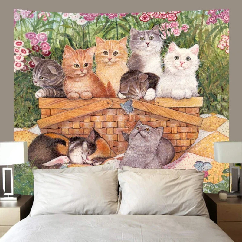 VIKAMA Kittens Picnic Tapestry Wall Hanging Basket Garden Flowers Butterflies Vintage Cat Illustration Aesthetic Wall Art Decor