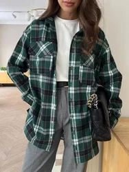 Bornladies Autumn Winter Casual Fashion Green Grid Shirt Cotton Retro Top New Long Sleeved Cardigan Design For Women's Outerwear