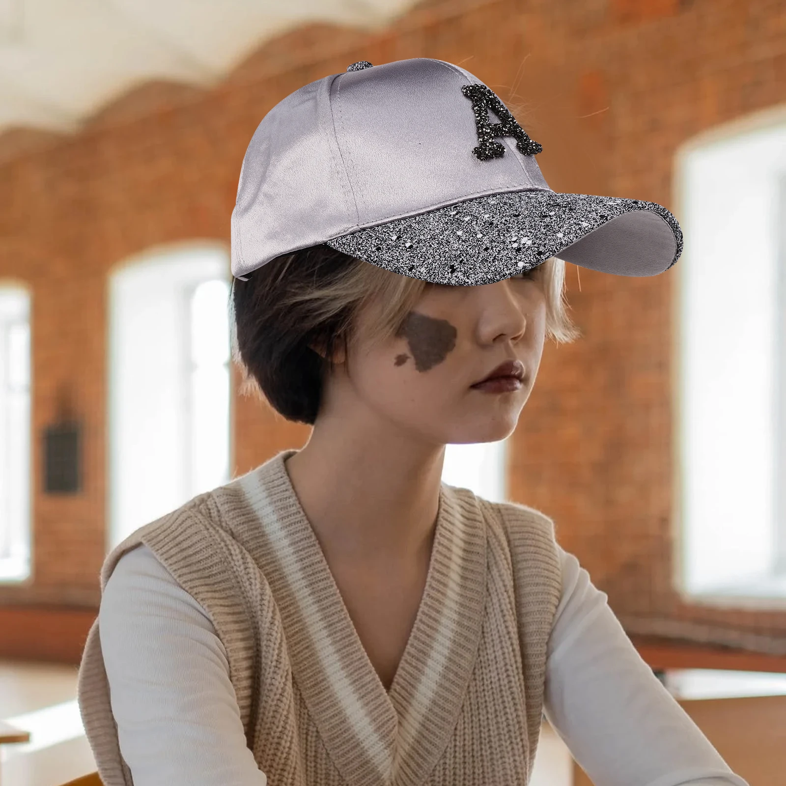 

Bright Diamond Alphabet Hats Grey Summer Baseball Cap Peaked Sun Hat Outdoor Cool Design Wear Women