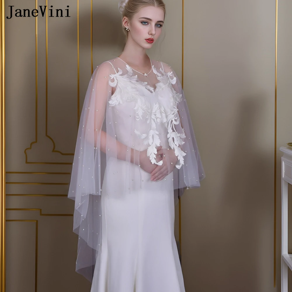 

JaneVini Lace Appliques Bridal Wrap Capes Bolero Braut Pearls Tulle White Bride Shawl Ivory Stole Jacket Wedding Stuff Capa Boda