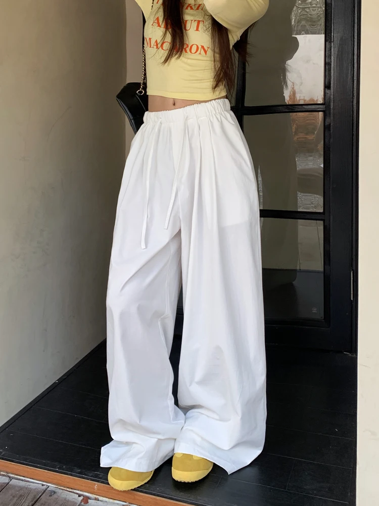 

Women's Spring Summer High Waist Wide Leg Full Length Pants Lady Casual Elastic Waist Loose Full Length Pants