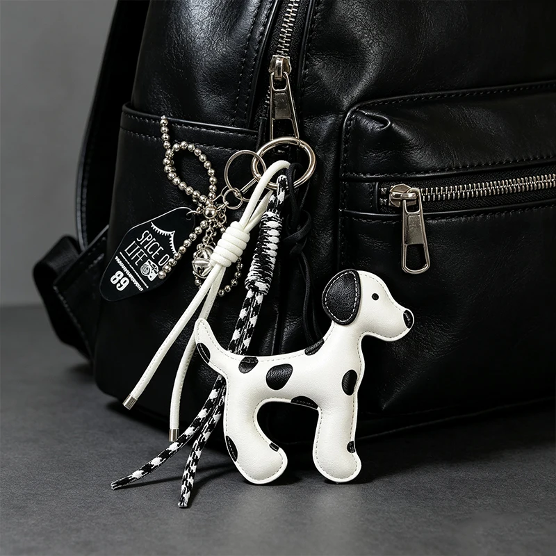 Trendy Dalmatian Dog Pendant Bag Charm & Keychain in Black/White Faux Leather Polka Dot Design for Purse Accessories Lovely Gift