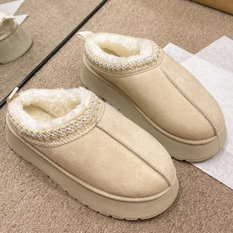 Snow Boots for Women SyfIyno Winter New Cashmere Warm Thick Soles Without Heel-covered Hair Half Slipper Cotton Shoes for Women