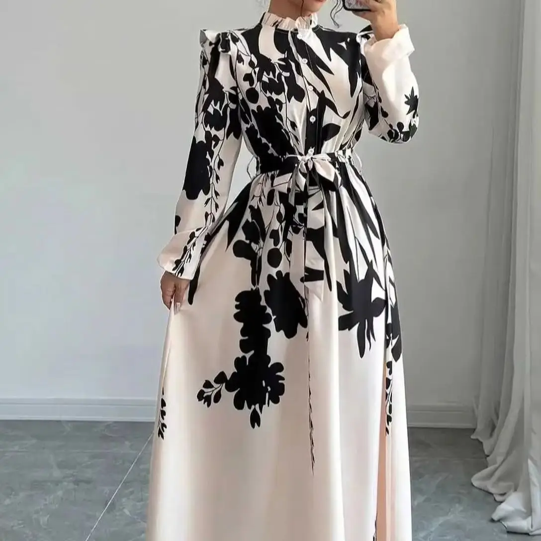 

Elegant Women's Printed Dresses Lace Up Waist Cinched Long Sleeved A-Line Front Button Half Hight Collar Long Skirt Party Dress