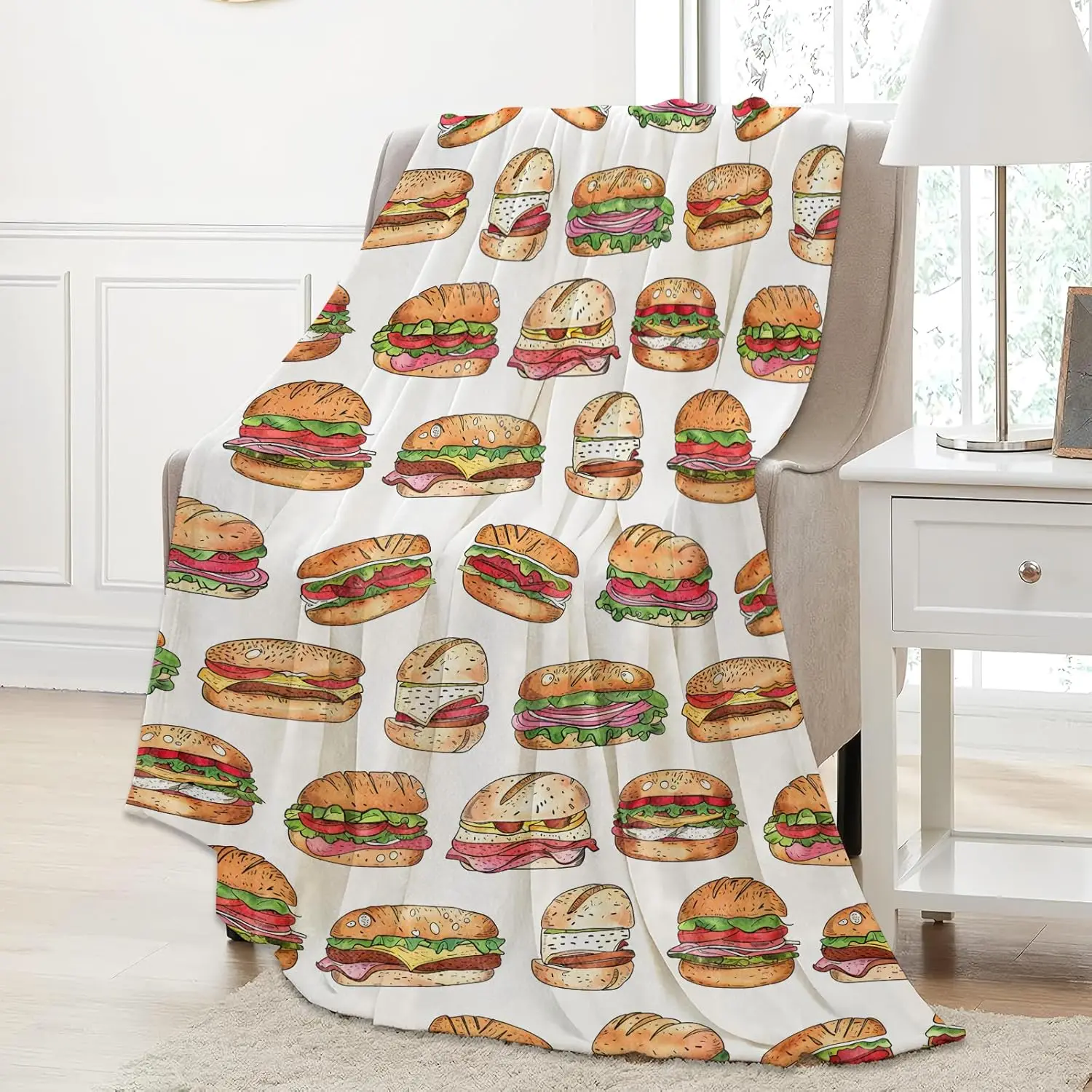 Whimsical Sandwich Food Print Throw Blanket Tapestry Home Decor Living Room Picnic Blanket Cute Snack Pattern Kitchen Wall Art