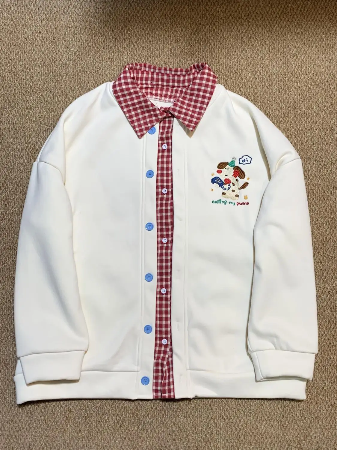 Campus Sweet Oversized Button‑Up Sweatshirt Cardigan Gingham Plaid Collar Placket Cartoon Dog Embroidery Loose Preppy Outerwear