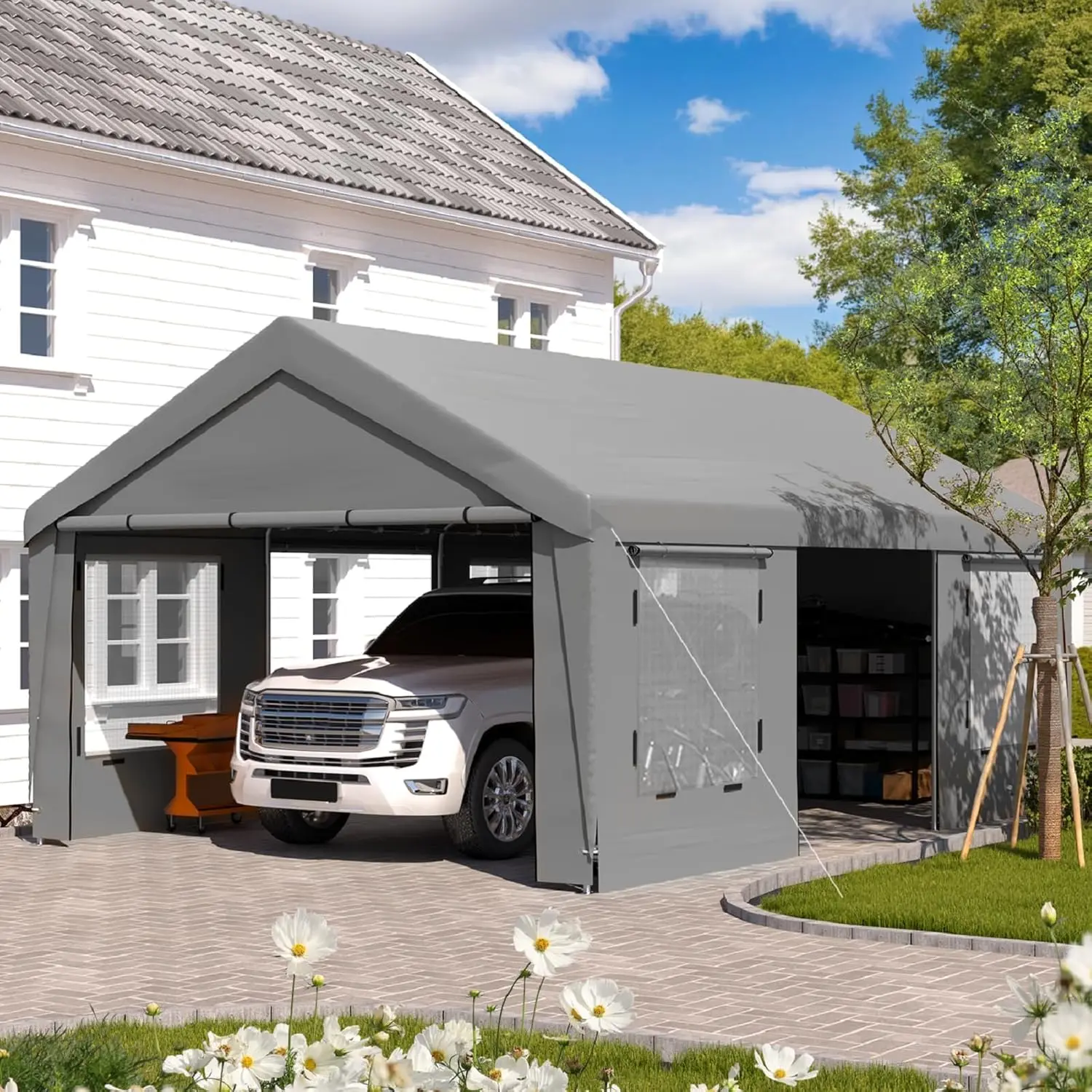 Heavy Duty 13x20Ft Portable Carport with Reinforced Steel Frame & 4 Roll-Up Windows for Truck Boat Tractor, Gray, Customized