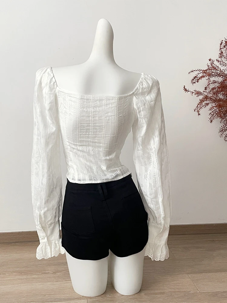 Women's White Shirts and Blouses Y2k Aesthetic Streetwear Vintage Korean 2000s Elegant Long Sleeve Square Collar Shirt Clothes - Image 2