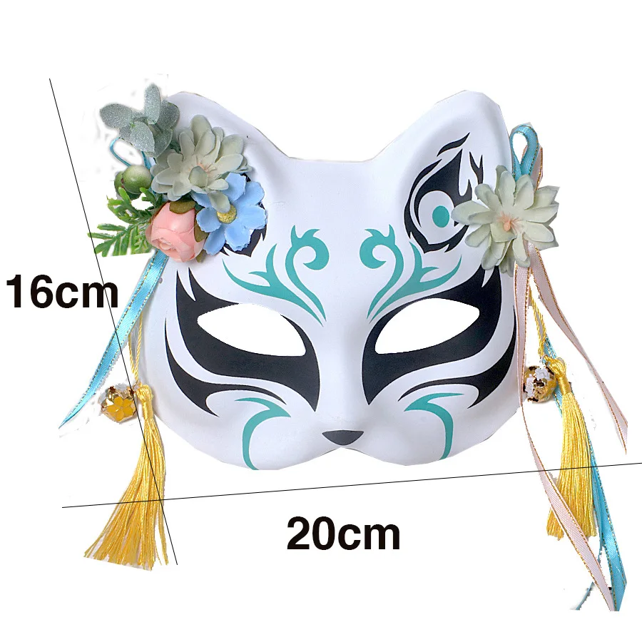 Masque de renard Anime, masque japonais peint à la main, demi-visage, fleur, mascarade, bal de Festival, masques Kabuki, accessoire de Cosplay
