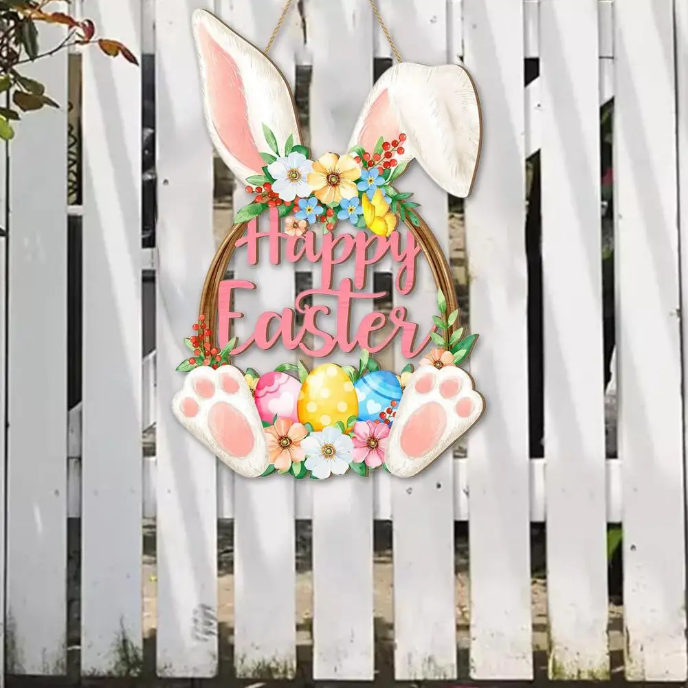 

Easter Bunny Wooden Doorplate Decoration Door Sign Easter Happy With Floral Decoration Hanging Wall K6R1