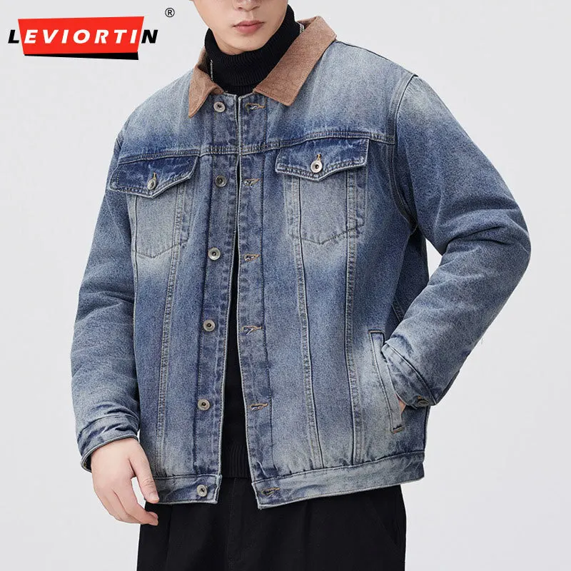 

Мужская джинсовая куртка в стиле ретро с потертым и сращенным воротником и хлопковым зажимом, новая модная и модная брендовая куртка
