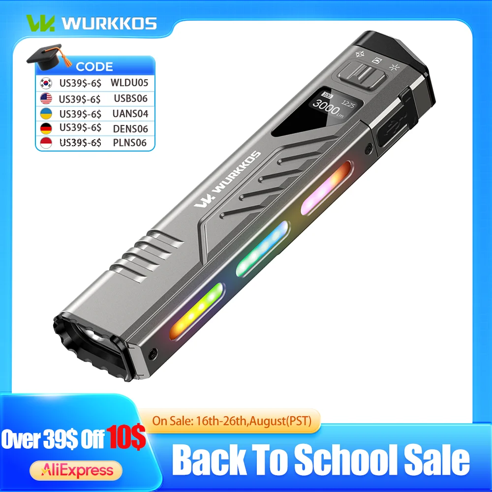 WURKKOS TD11 Taktische Taschenlampe, 3000 lm, innovative multifunktionale tragbare LED-Taschenlampe mit integriertem Akku, tragbares Licht