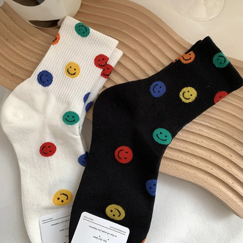 New Men And Women Socks Korean Print Cute Smiling Face Pure Cotton Socks Sweat-absorbing Breathable Mid length Socks