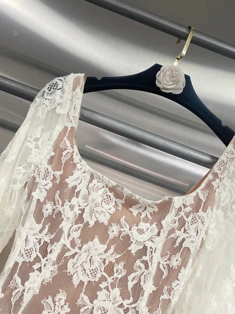 DFDG femmes 2025 élégant concepteur col carré dentelle broderie découpé a-ligne robe printemps été mode fête robe de plage