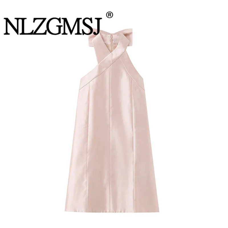 NLZGMSJ 2026 봄 여성 우아한 새틴 드레스 민소매 백리스 리본 홀터 드레스 여성 섹시한 이브닝 파티 드레스 ﻿