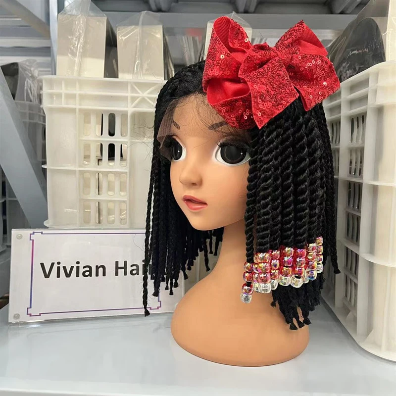 African Children\'s Dirty Braids Beaded Braided Ponytail Women Hair Extensions Fiber Braiding Child Synthetic Beads Wigs