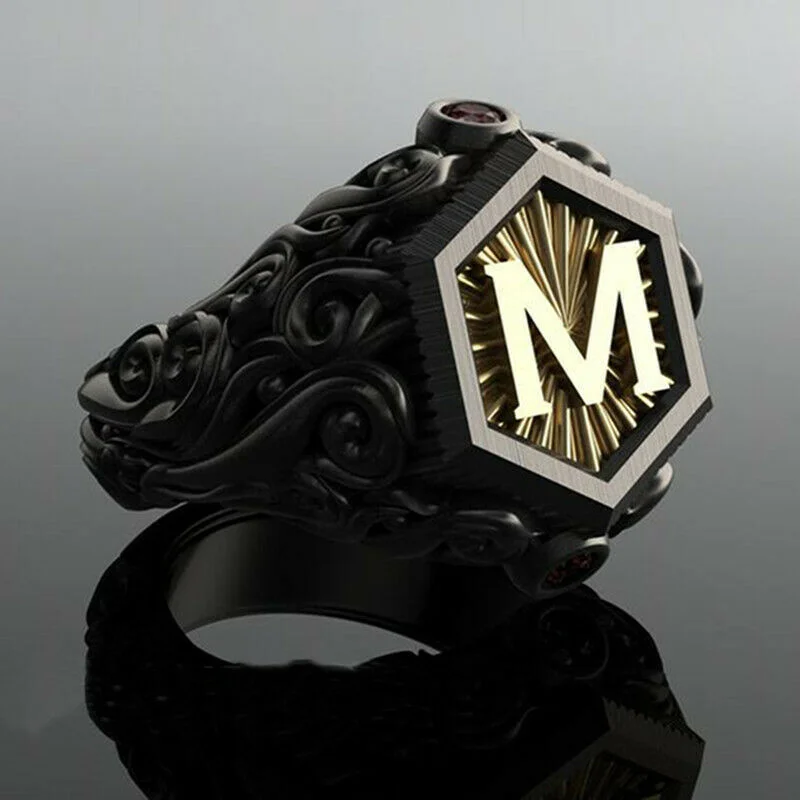 Men'S Fashion Bohemian Black M Letter Stainless Steel Ring Jewelry Size 6-10