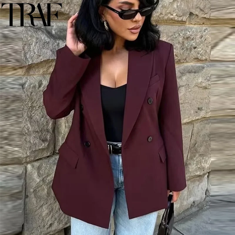 TRAF Blazers Outerwear Office Wear Burgundy Long Blazer Women Formal Casual Blazer Woman Long Sleeve Business Ladies Blazers