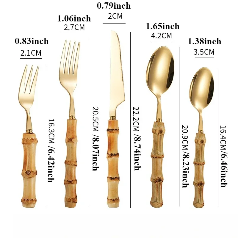 4 Buah/5 Buah Set Peralatan Makan Bambu Set Peralatan Makan Bambu Baja Tahan Karat Set Sendok Garpu Pegangan Alami Murni Set Sendok Garpu Pisau Steak