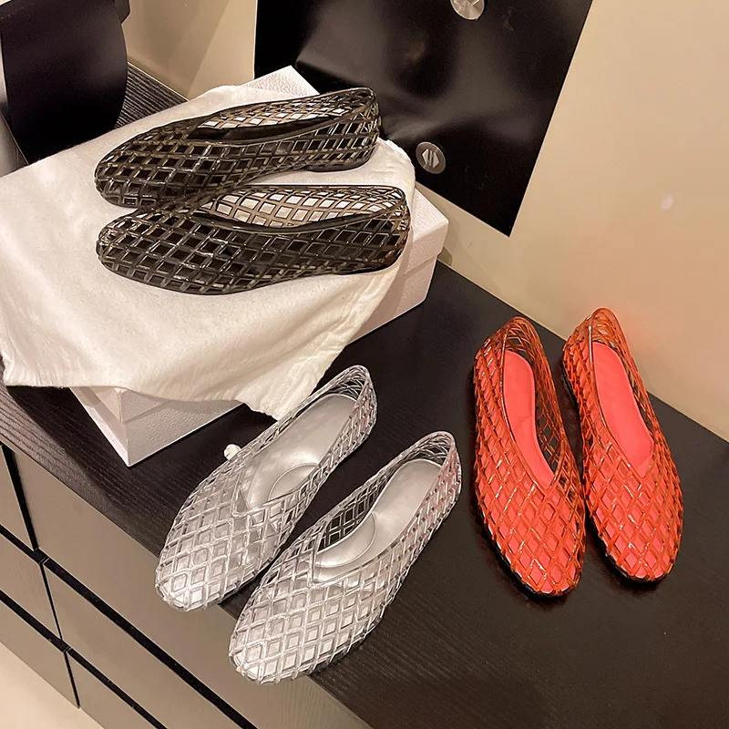 2026 Neue transparente Retro-Jelly-Freizeitschuhe für Damen mit runder Zehenpartie und flachem Schaft aus PVC – Sandalen