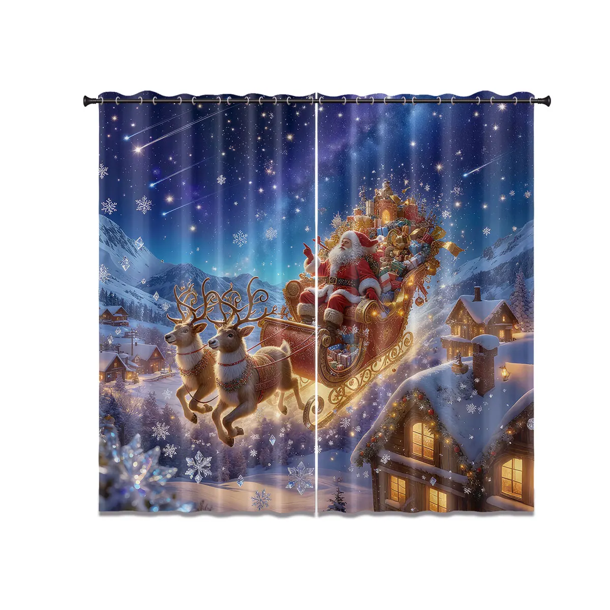 2 perforierte Verdunkelungsvorhänge mit Weihnachtsmann-Schlitten-Aufdruck, mehrere Größen, Wohnzimmer, Schlafzimmer, Isolierung, Dekoration, maschinenwaschbar