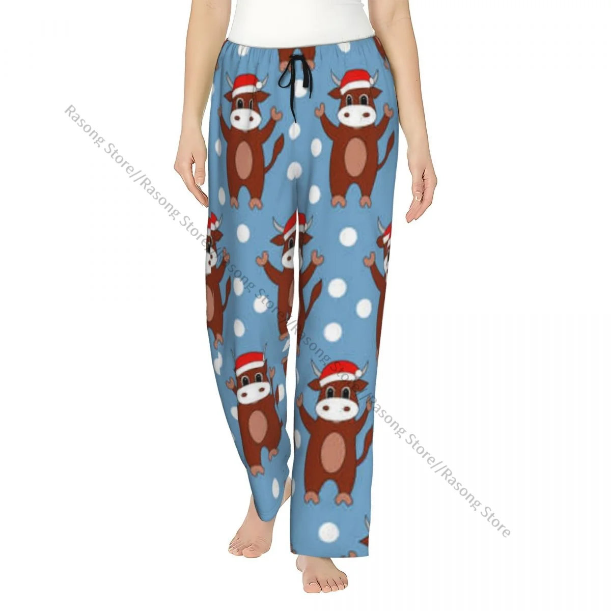 

Cartoon Bull In Santa Hat Women Sleep Pants Warm Flannel Lounge Pants for Winter Nights