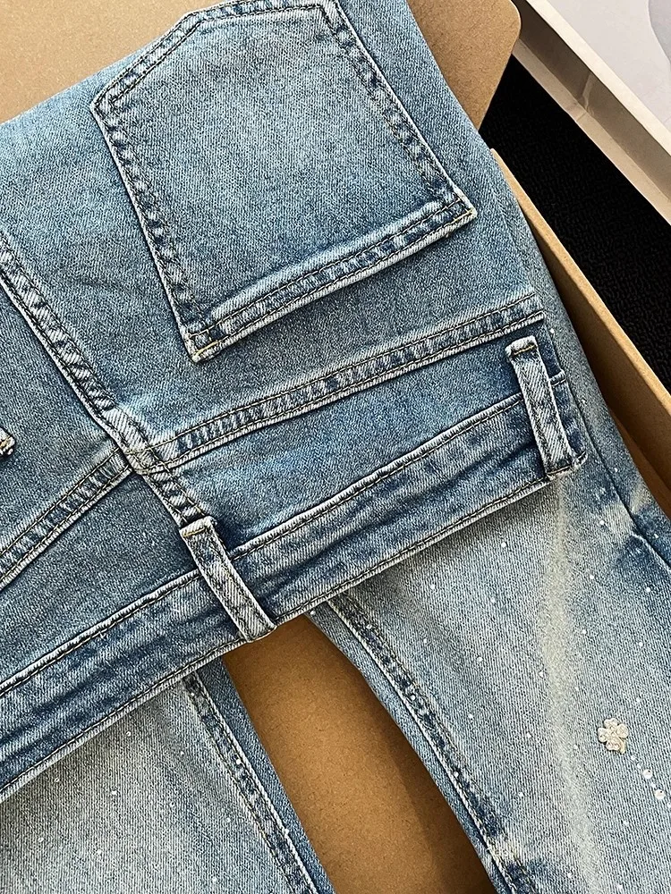 Letnia Moda Nowy Diamentowy Wzór Damskie Jeansy Slim Fit Kieszenie Wysoki Stan Szerokie Nogawki Lekko Rozszerzane Spodnie Długie Spodnie Denimowe