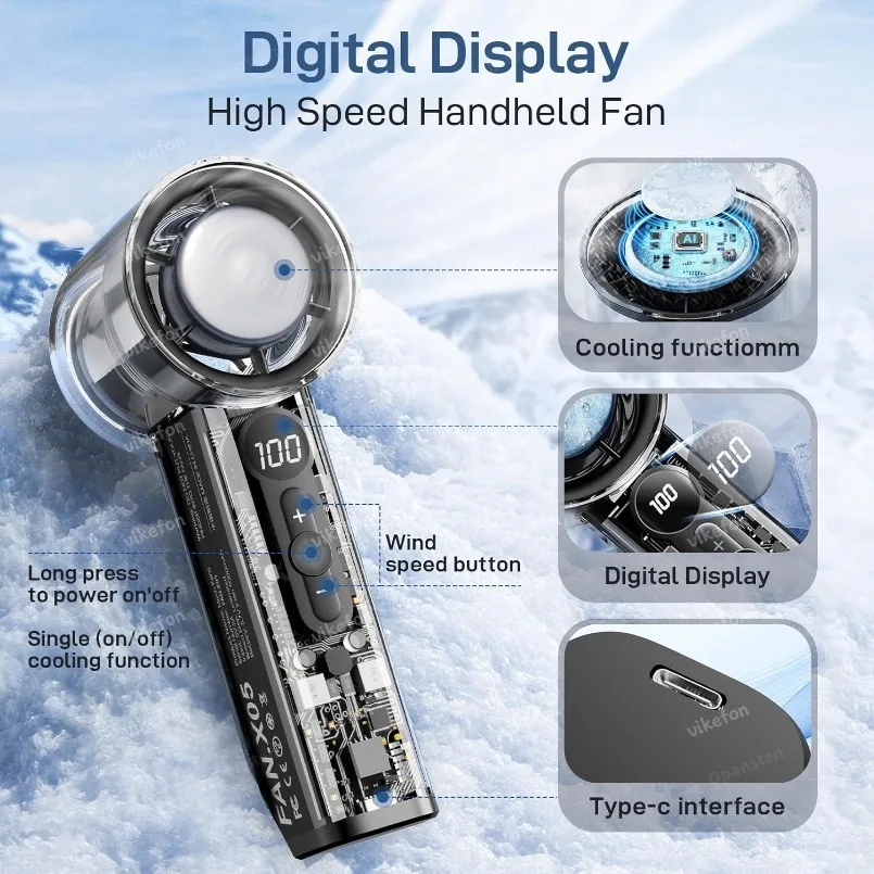 Portable Handheld Turbo Fan 3000Mah Rechargeable Mini Fans Ice Cooling 100 Gear LED Digital Display For Travel  Office Outdoor