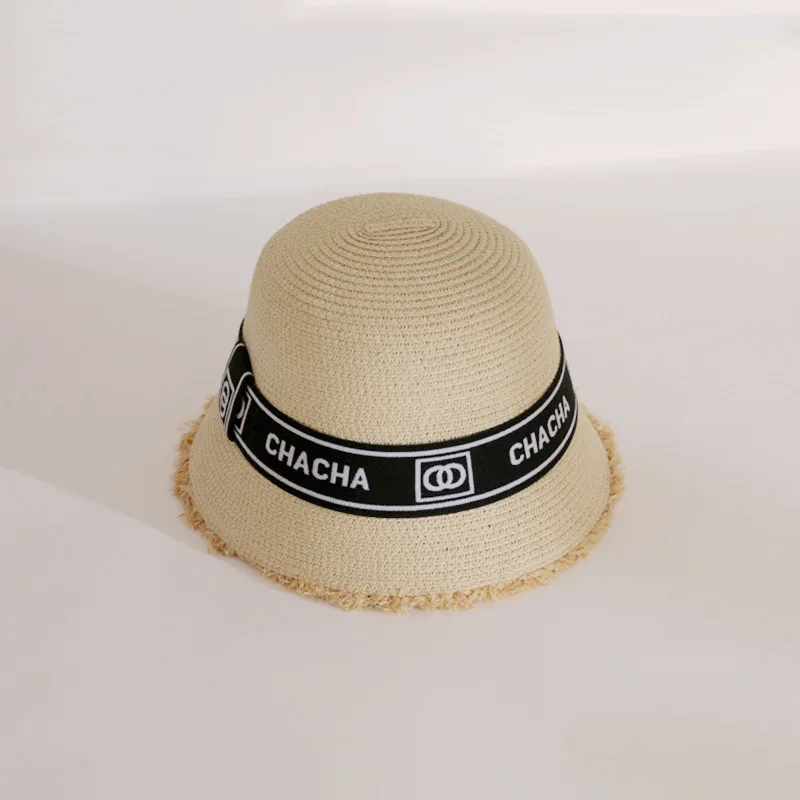 2022 Summer Letter Round Flat Top Raffia Fur Straw Cap Women Beach Shade Fashion Outdoor Panama Travel Ladies Bucket Hat