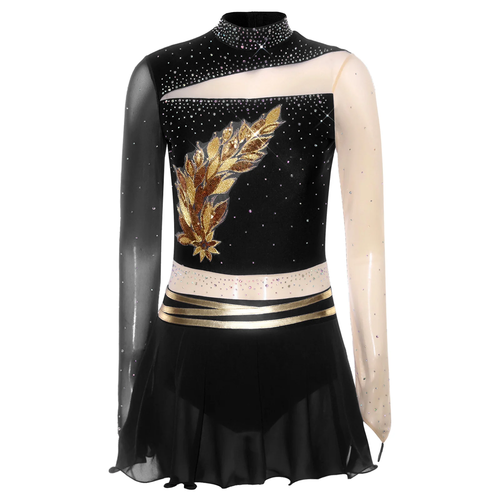 Womens Ballet Gymnastics Leotard Dress Figure Ice Skating Dancewear Long Sleeve Rhinestone Dress for Lyrical Dance Performance