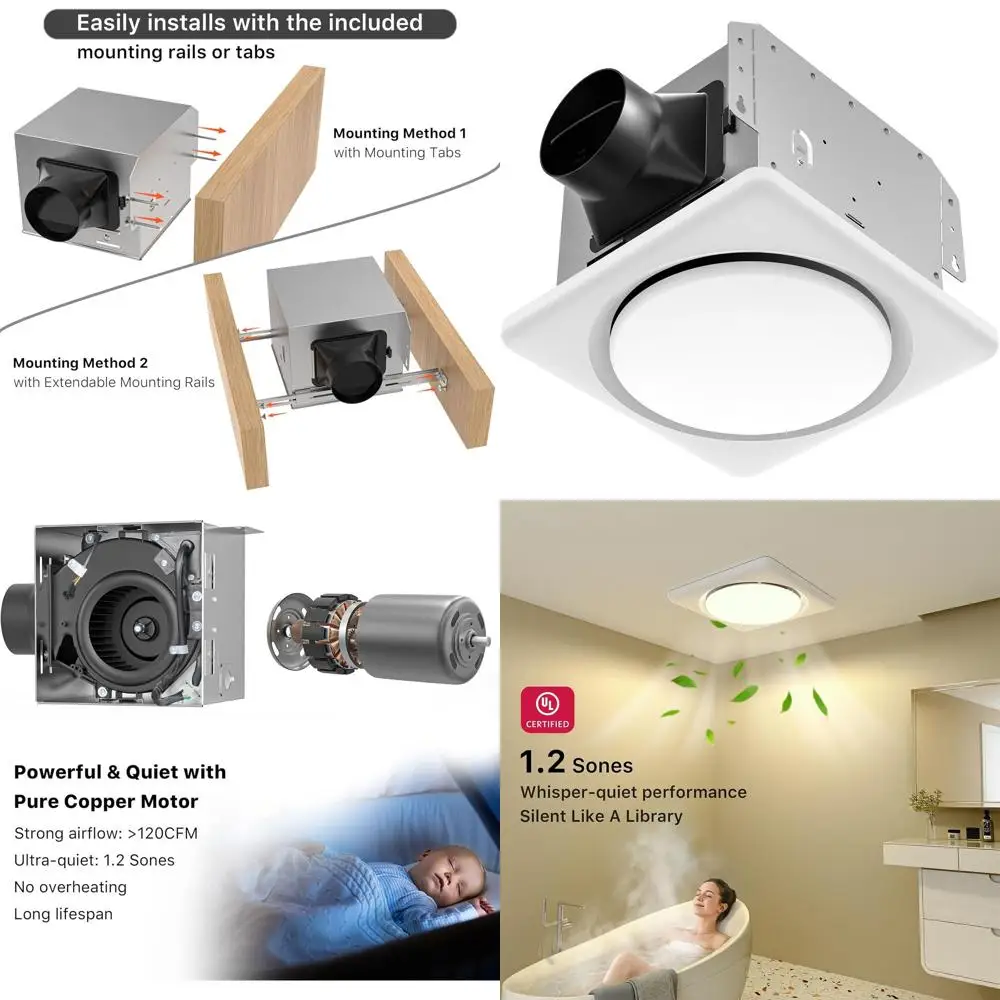 

120CM UL Certified Bathroom Exhaust Fan with Adjustable LED Light, 1.2 Sones, 11.8 Inches for Home and Hotel Baths