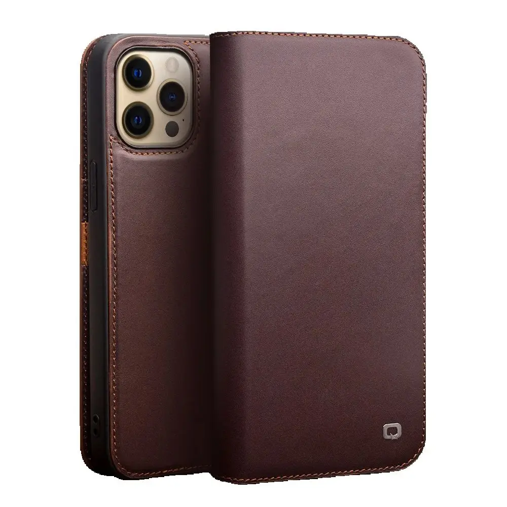 Qialino Full Grain Real Genuine Cowhide Leather Cover For Iphone 15 14 16 13 12 11 Pro Max Retro Business Flip Phone Case Wallet image 3