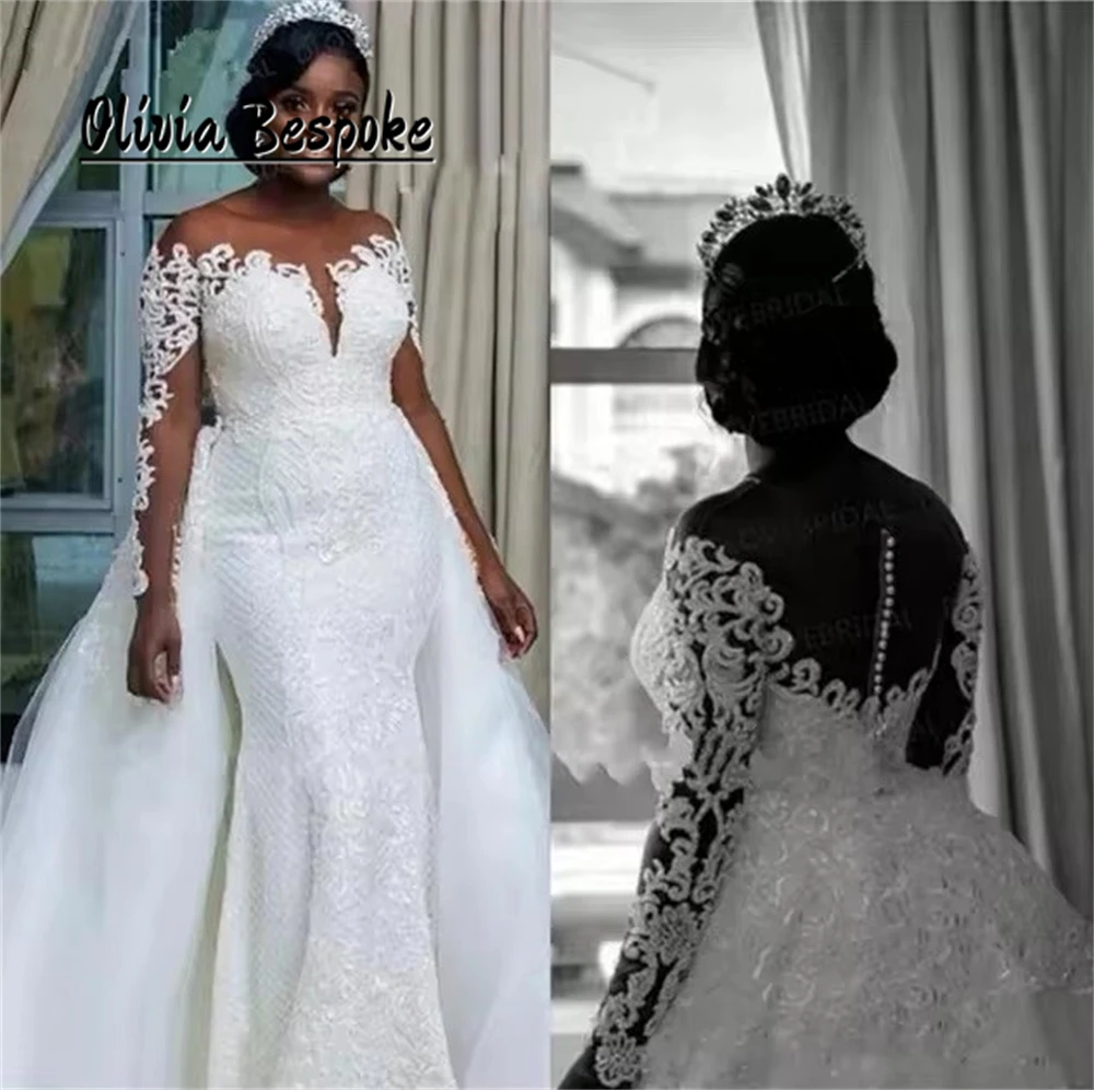 

Fantastic Aso Ebi Luxury Wedding Dress 2025 For Women Illusion Back Lace Applique Mermaid Bridal Gown robe de mariée Customized