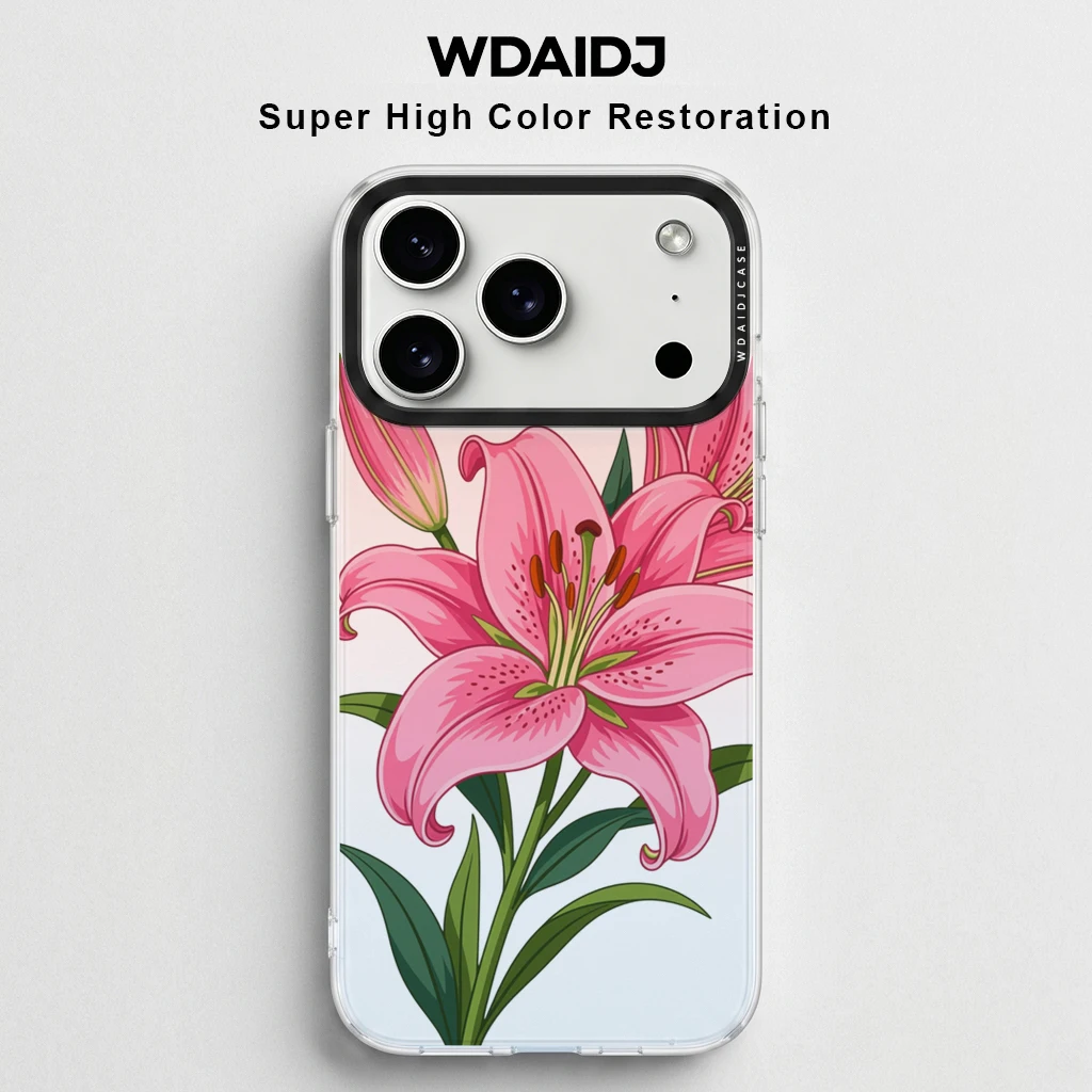 

Pink Lily Flower Print Clear Phone Case for iPhone 13 14 15 16 17 Floral Pattern Transparent Anti-Yellow Cover