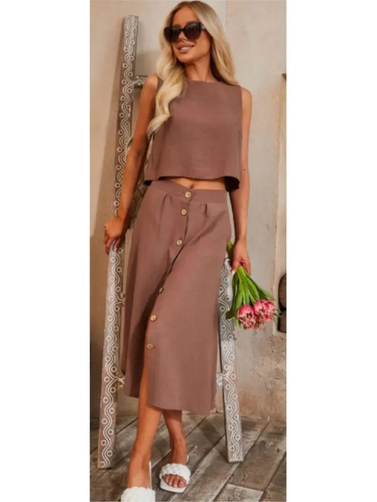 

Новый летний комплект для женщин, повседневный жилет, юбка на пуговицах, костюм, свободный жилет без рукавов, однобортная юбка, комплект из 2 предметов, женский наряд