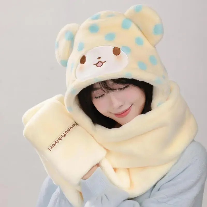 Kawaii Sanrio Marumofubiyori Plush Hat Scarf Glove Earmuff Student Cartoon Cute Autumn Winter Outdoor Keep Warm Three Piece Set