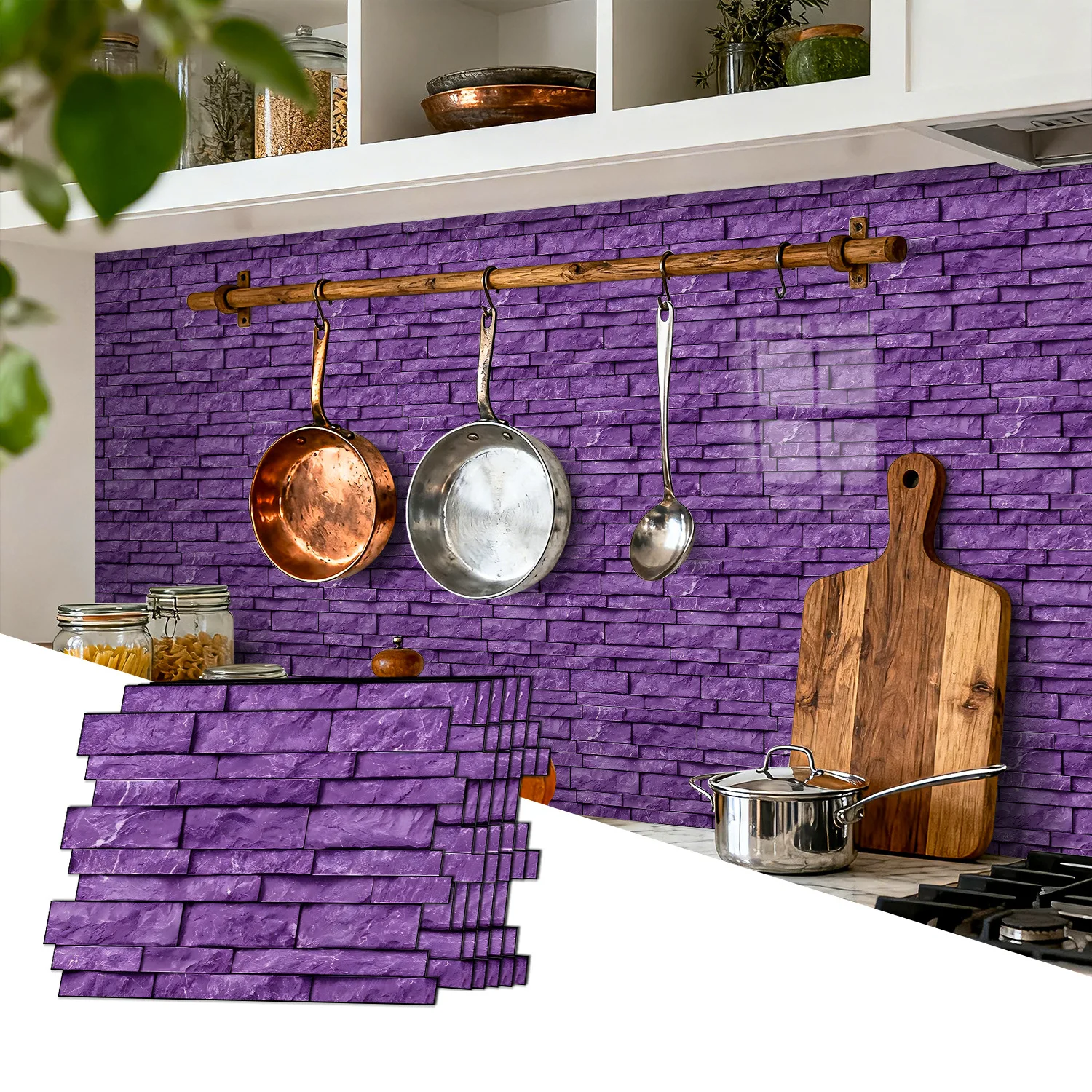 1/5Pcs Self‑Adhesive Tile Stickers,Purple Brick Pattern Peel&Stick Wall Tiles,Waterproof Easy Clean Decor for Kitchen Bathroom