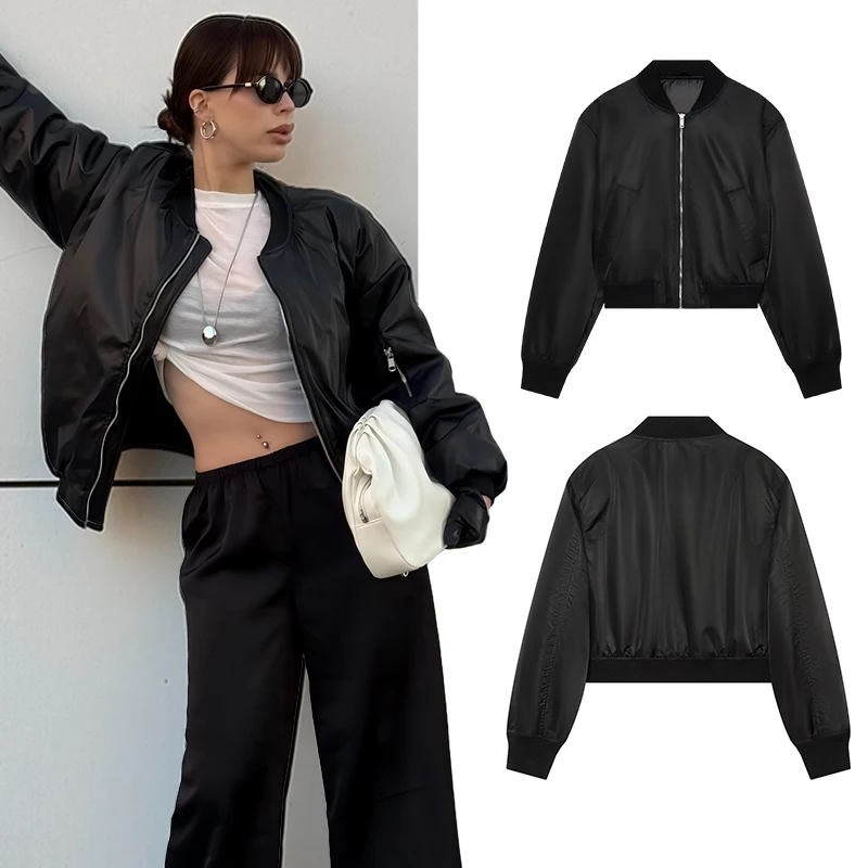 Women Black Bomber Jacket Padded Shoulder Zip Up Coat Vintage Satin Flight Jacket Loose Streetwear Autumn Winter Outerwear