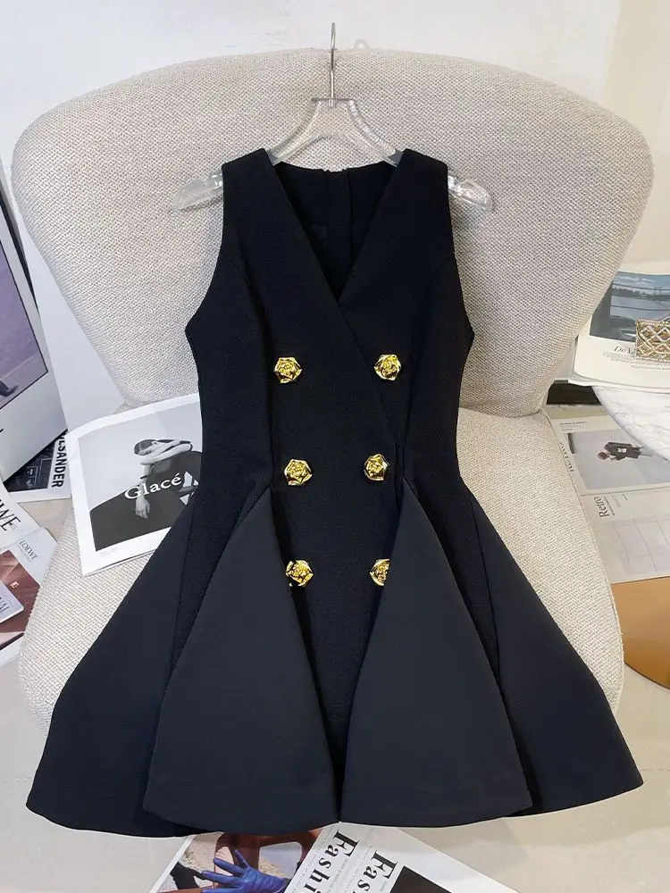 

Модное черное платье с V-образным вырезом, подчеркивающее талию, в деловом стиле, стройнящее, элегантное, летнее 2025, из полиэстера, А-силуэт