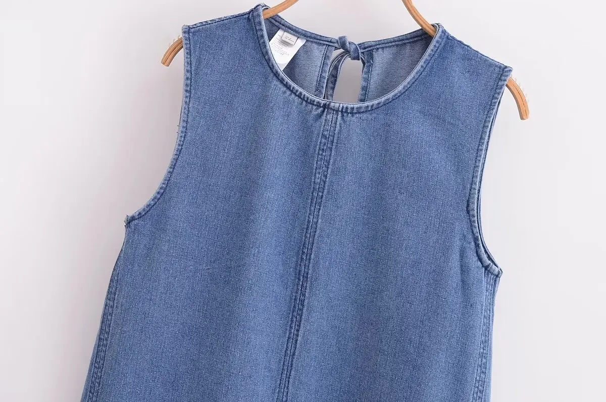 Dave&Di Nordic Minimalist Solid Color Denim Dress Round Neck Sleeveless Mini Casual Summer Dress Commuter Tank Dress